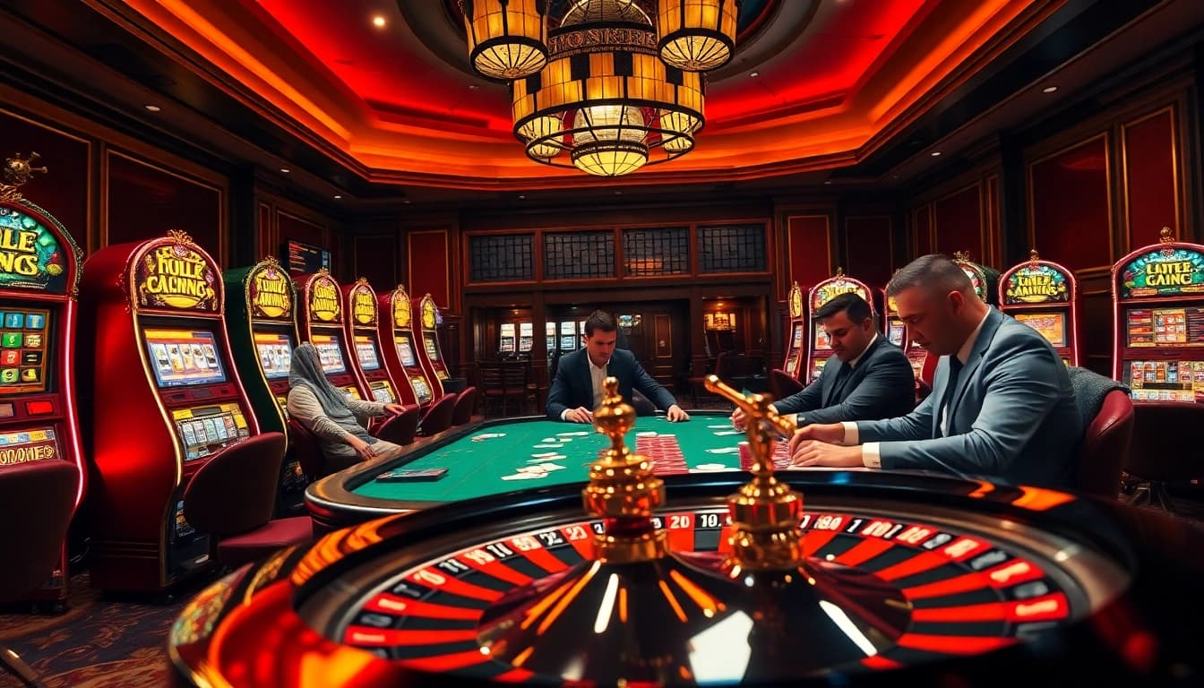 High-stakes poker at DF999 with luxury casino ambiance and vibrant slot machines.