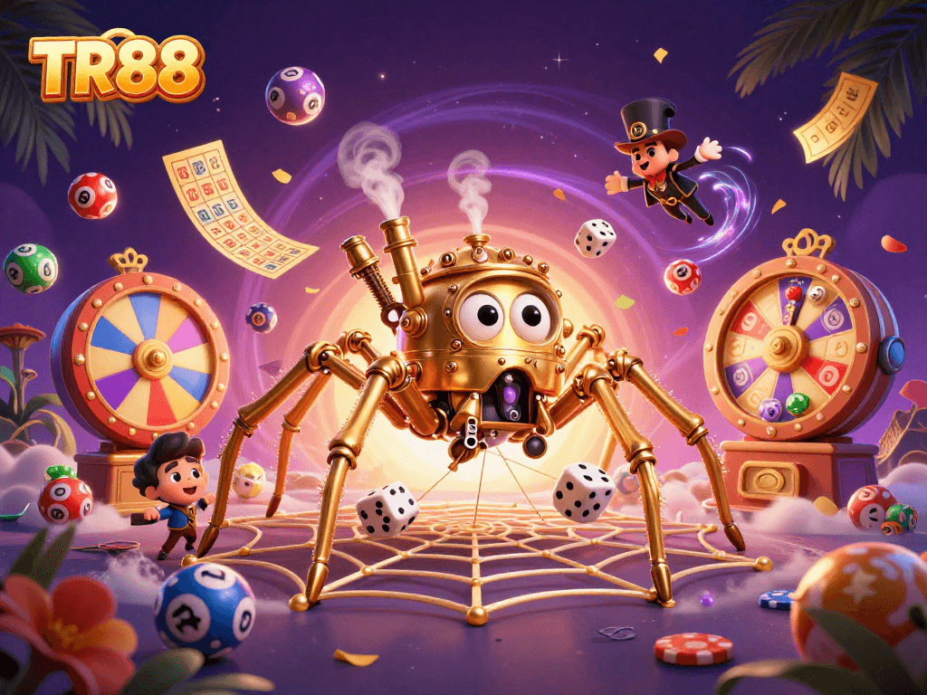 Win big with TR88: a steampunk spider catches dice amidst colorful lottery balls and vibrant casino elements.
