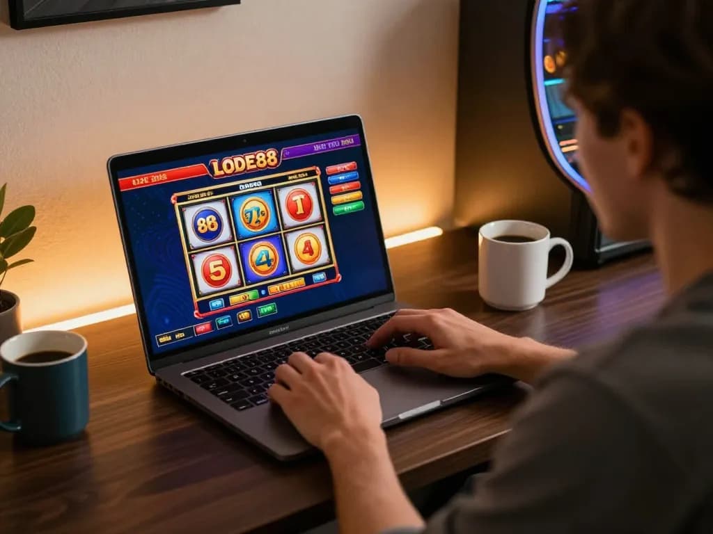 Experience LODE88's online casino on a stylish laptop in a cozy home setup, showcasing engaging gameplay.