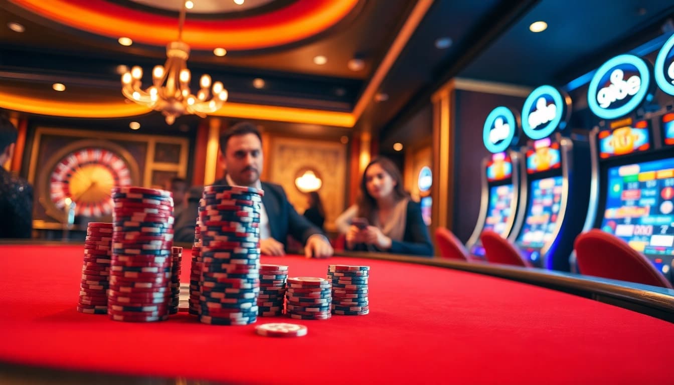 Exciting casino scene highlighting gi88 logo at a poker table with players engaged in high-stakes action.