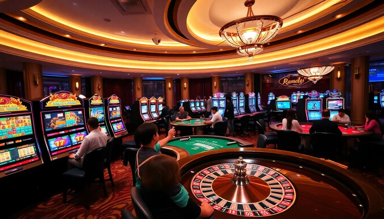 Experience excitement at https://nk88.sbs/ with vibrant slot machines and engaged gamblers in a luxurious casino atmosphere.