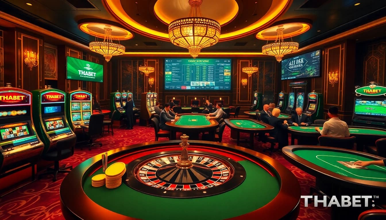 Players enjoying thrilling roulette games at THABET casino with vibrant lights and luxurious decor.