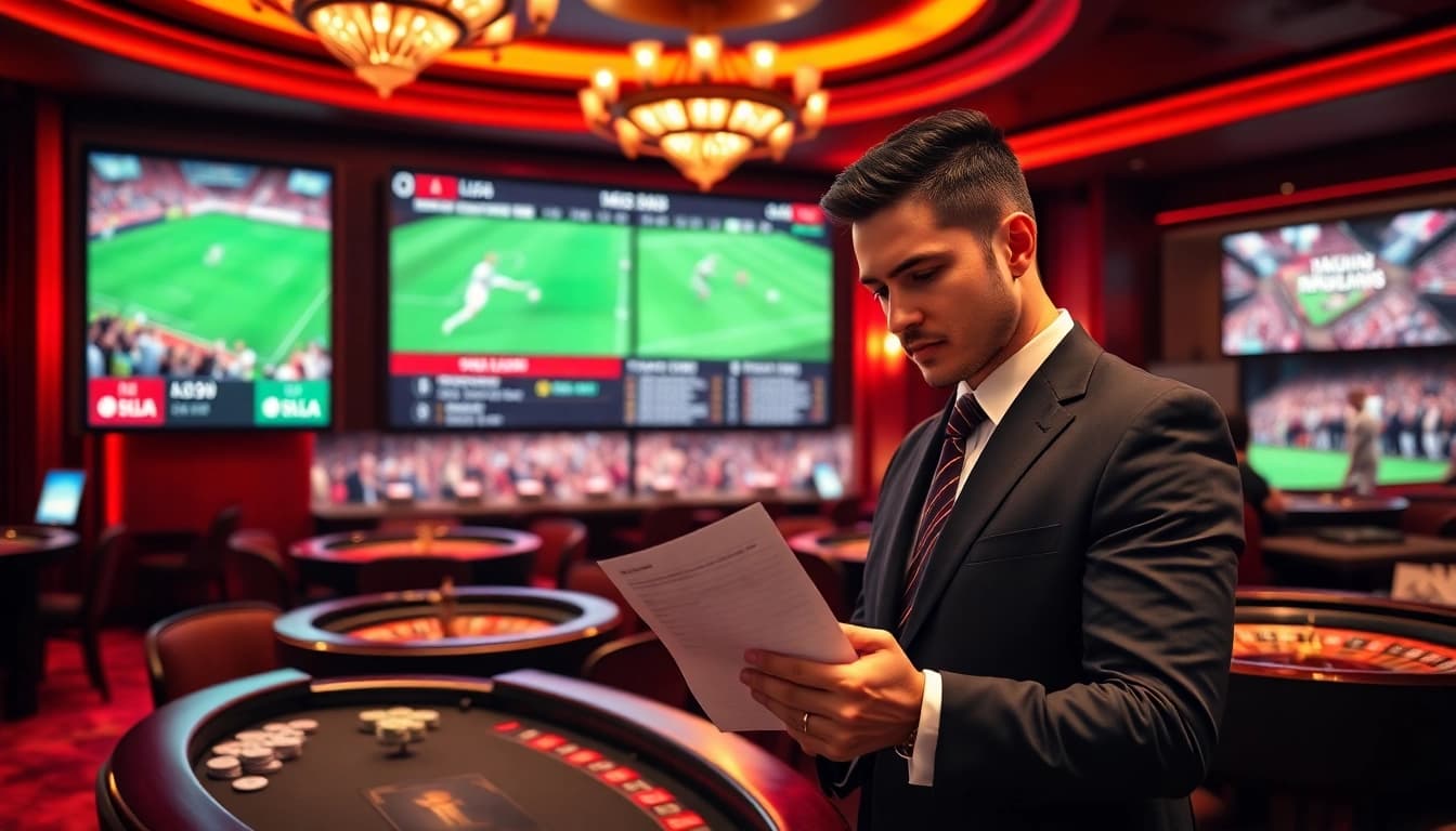 Gambler reviewing Taruhan Bola options in a luxurious casino betting environment.