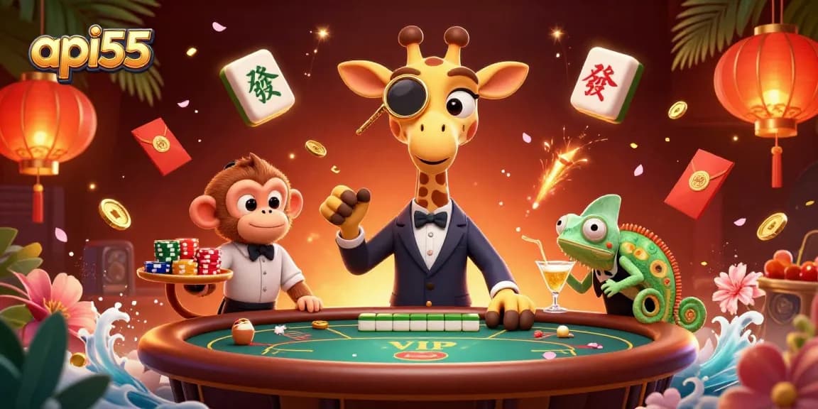 Engage with api55's vibrant gaming atmosphere featuring a high-roller giraffe at a poker table.