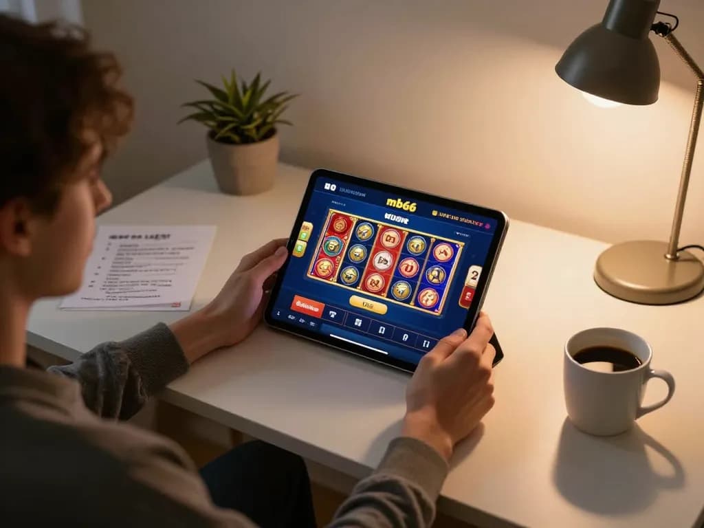 Player using mb66 casino app on tablet at home desk with poker interface.