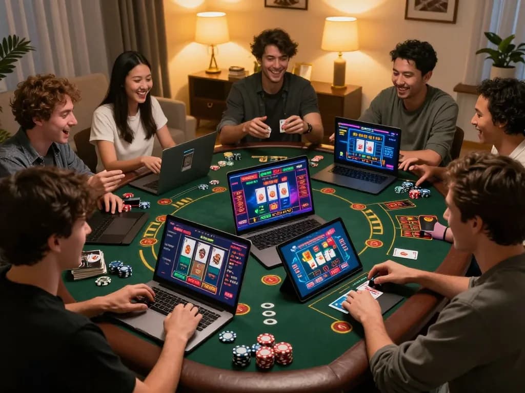 Players engage in thrilling online gaming at nhà cái 3win, showcasing vibrant live dealer action and cozy home atmosphere.