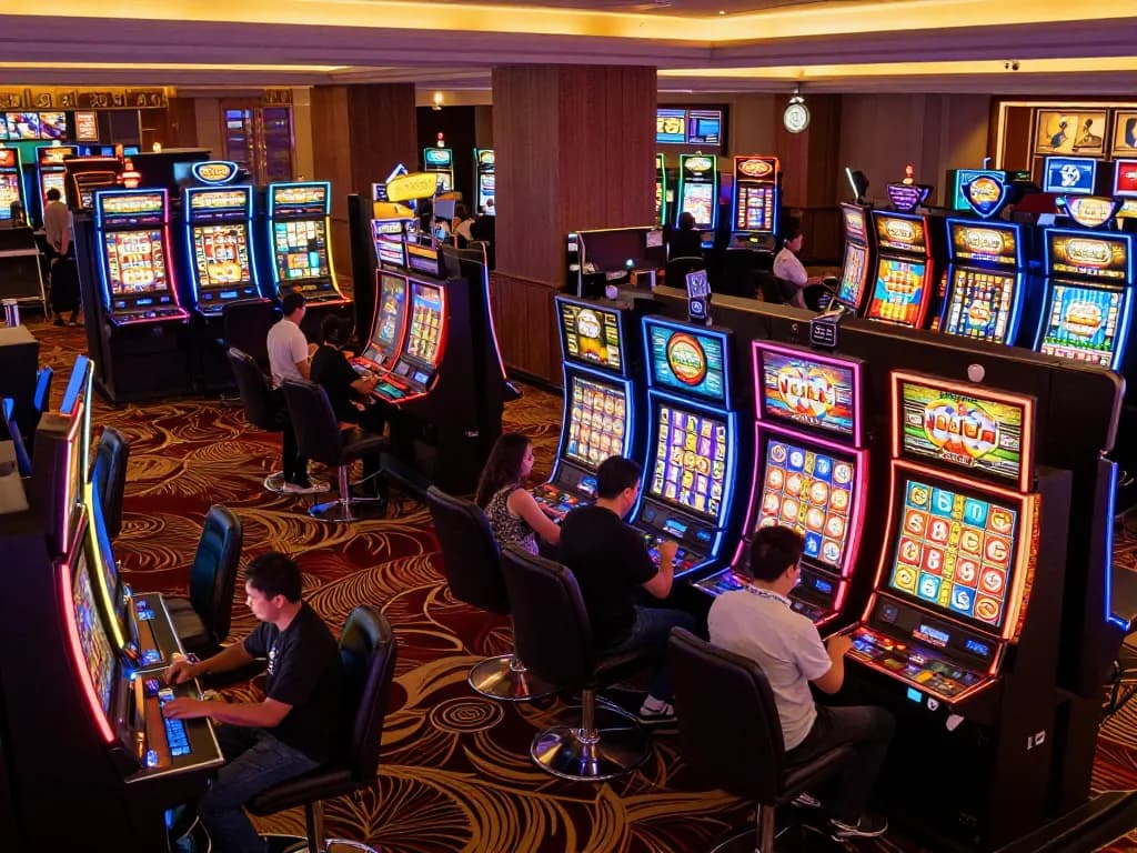 Nohu90 players enjoying vibrant slot machines with thrilling winnings and lively casino lights.