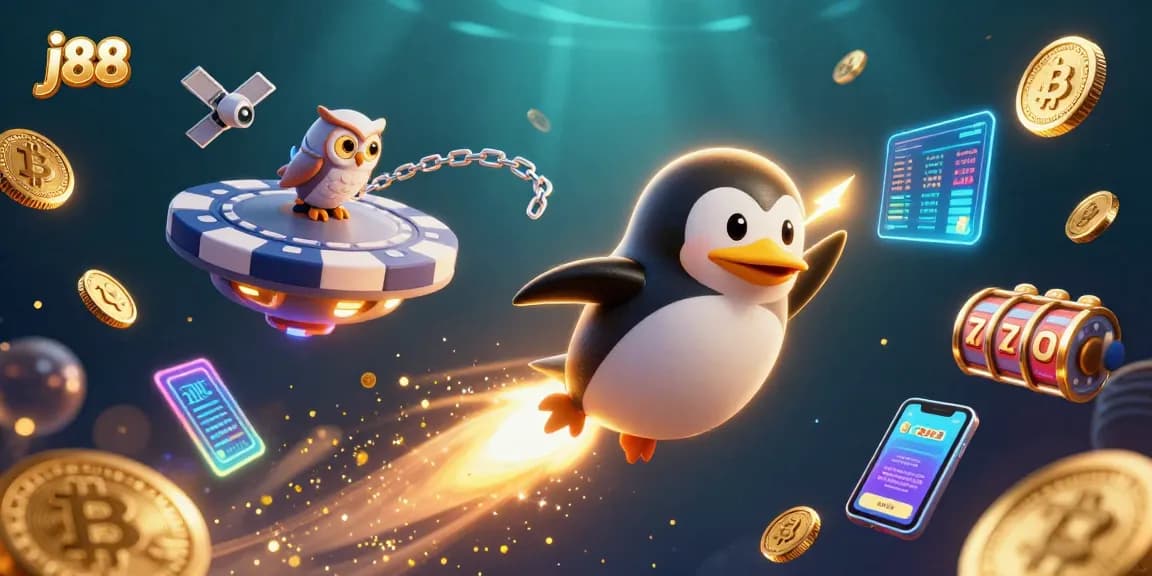 Engage in thrilling j88 casino adventures with a penguin soaring through a vibrant gambling galaxy.
