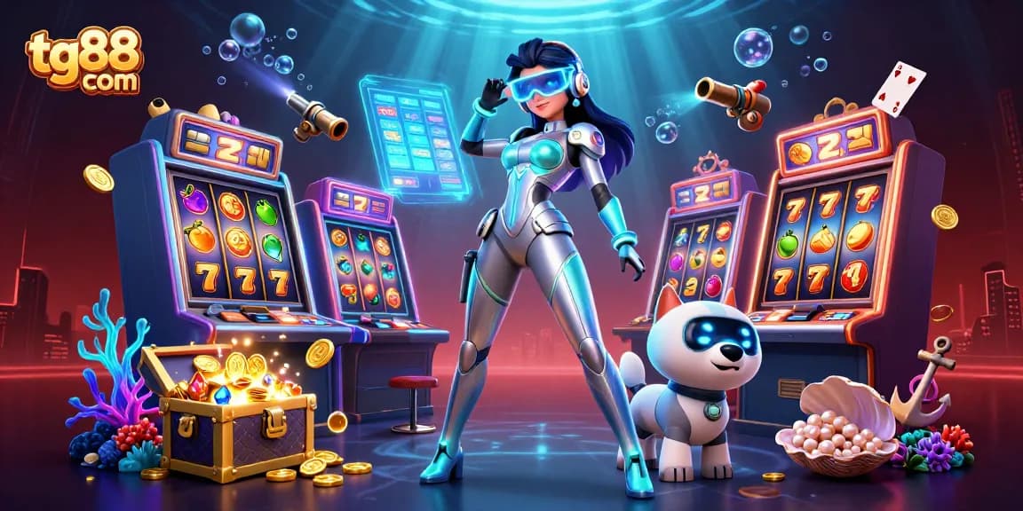 Experience thrilling wins at tg88 com with a vibrant 3D casino scene filled with slot elements and exciting gameplay.