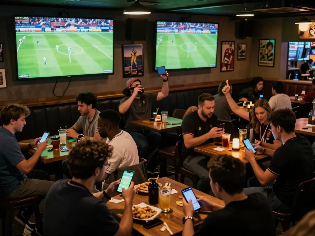 Xem tỷ số bongdalu while enjoying live sports betting at a lively sports bar with cheering fans.
