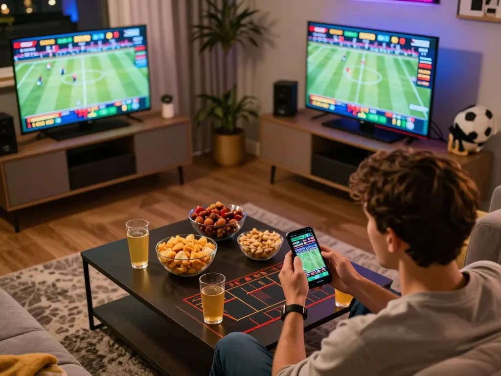 Engaging sports betting action reflecting VB88 strategies in a lively home setting