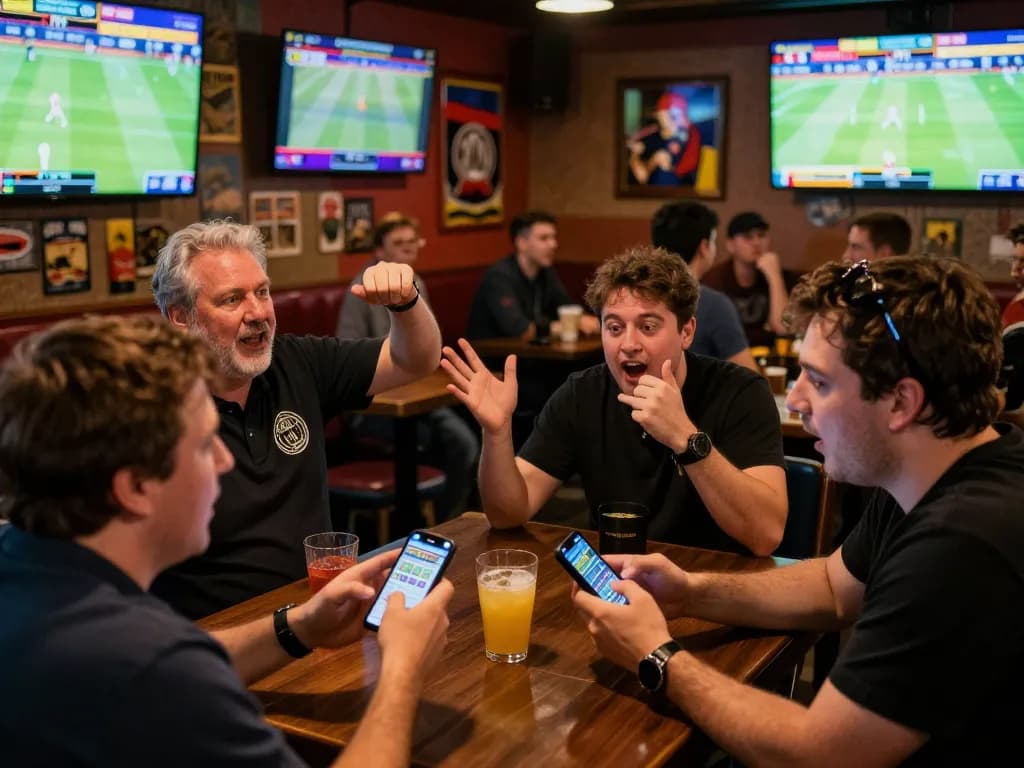 Excited sports bettors engaging with their phones at xo88, creating a lively betting environment.