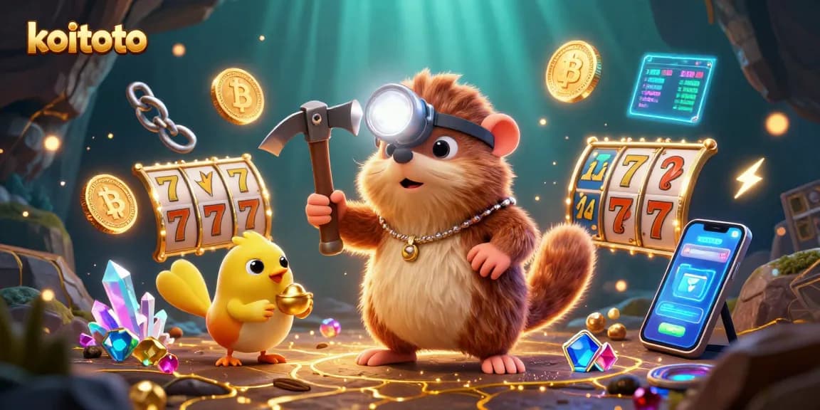 Koitoto showcases an adventurous treasure hunter mining in a vibrant casino-themed cave filled with riches and dynamic gaming elements.