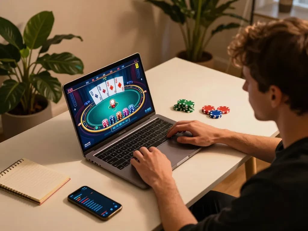 hi88 player engaging in online poker with strategic notes and vibrant visuals