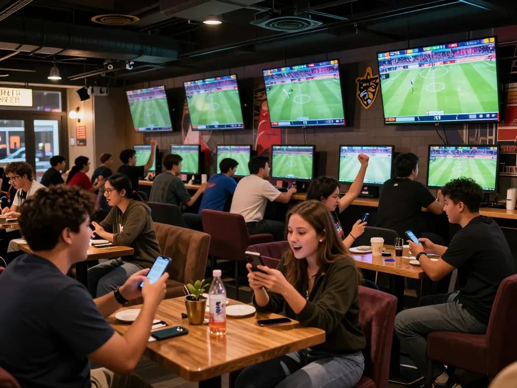 Fabet sports fans engaging in live betting and celebrating victories in a dynamic lounge setting