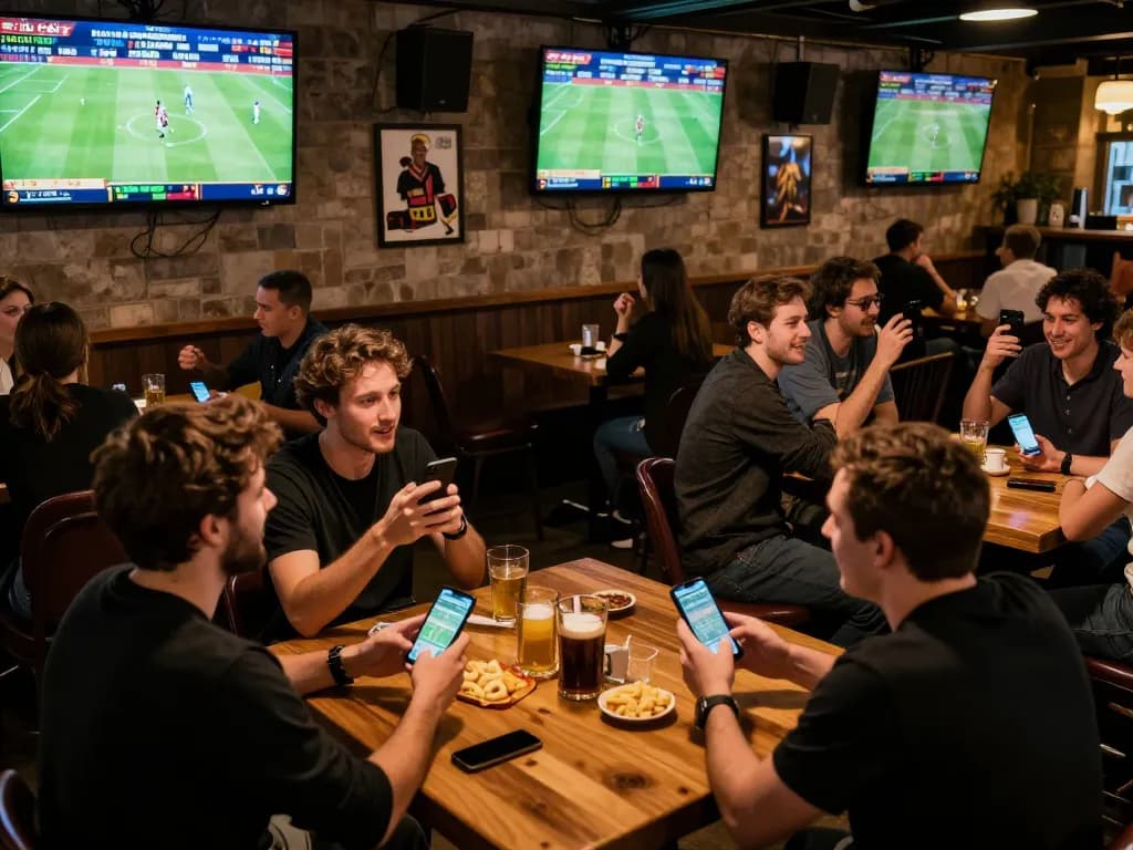 SboBET users enthusiastically placing bets while watching live sports in a vibrant sports bar.