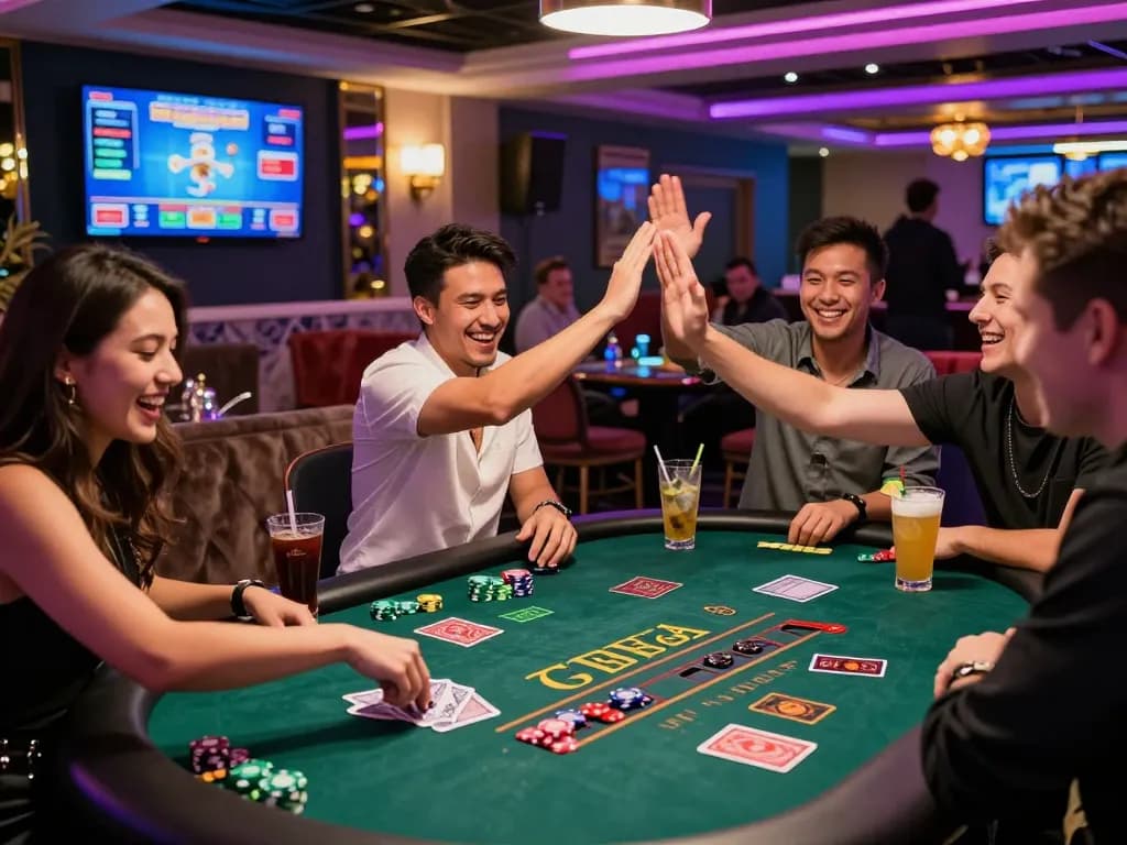 Group of friends enjoying nk88 gaming night at a vibrant casino lounge
