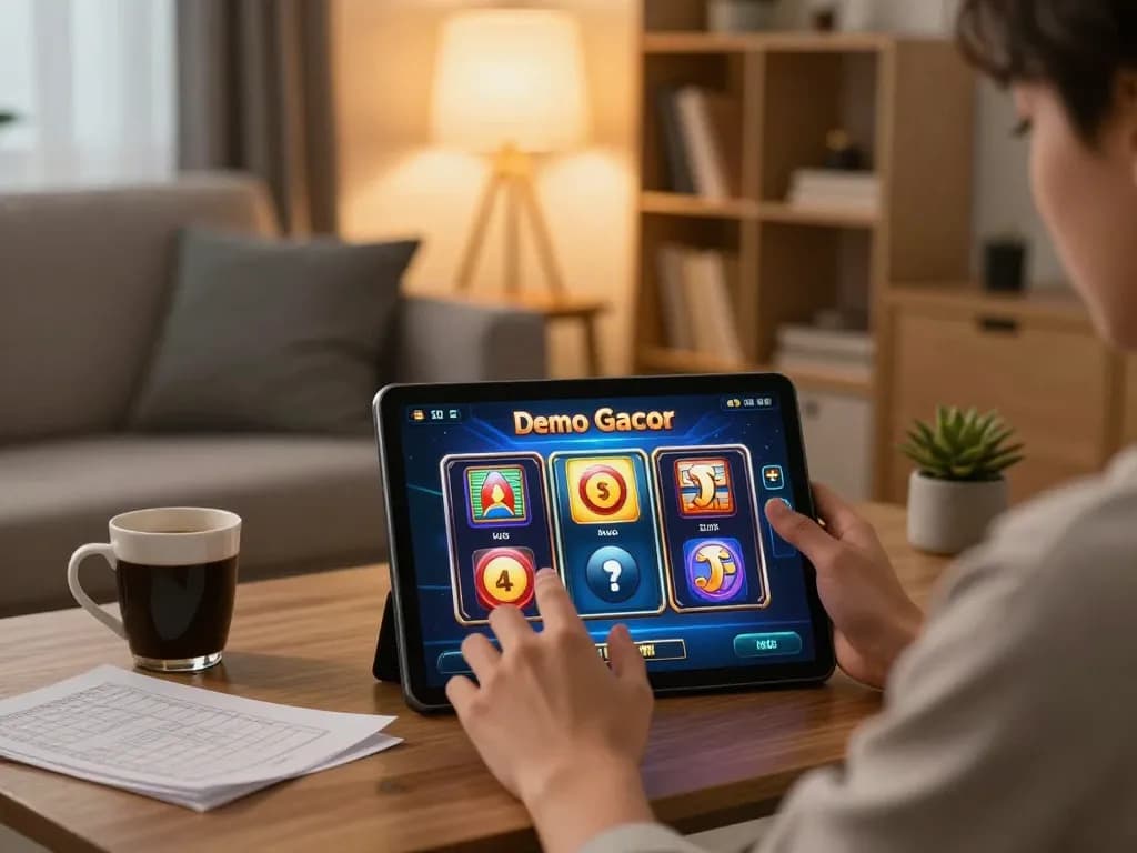 Player engaging with Demo Gacor slots on tablet in cozy living room setup, highlighting responsible gaming.