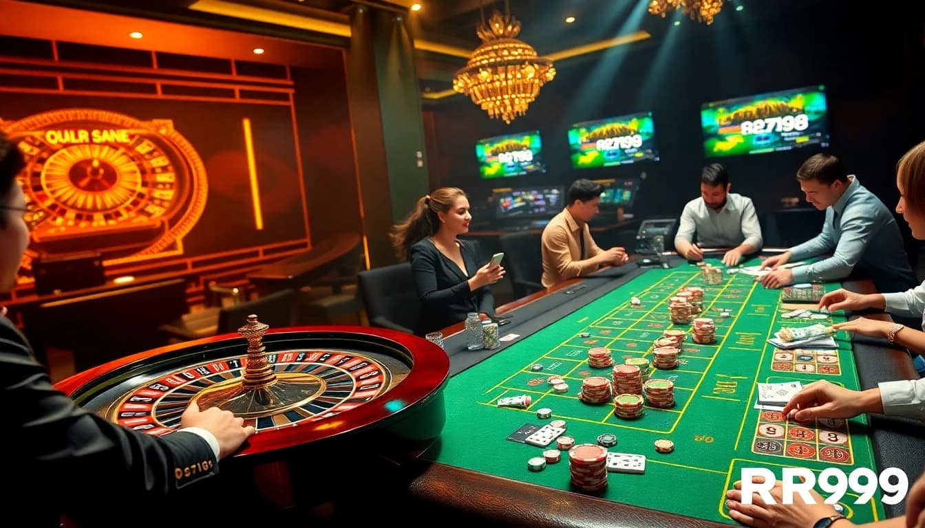 Experience the thrill of RR99 online gaming with vibrant casino visuals featuring roulette and poker tables.