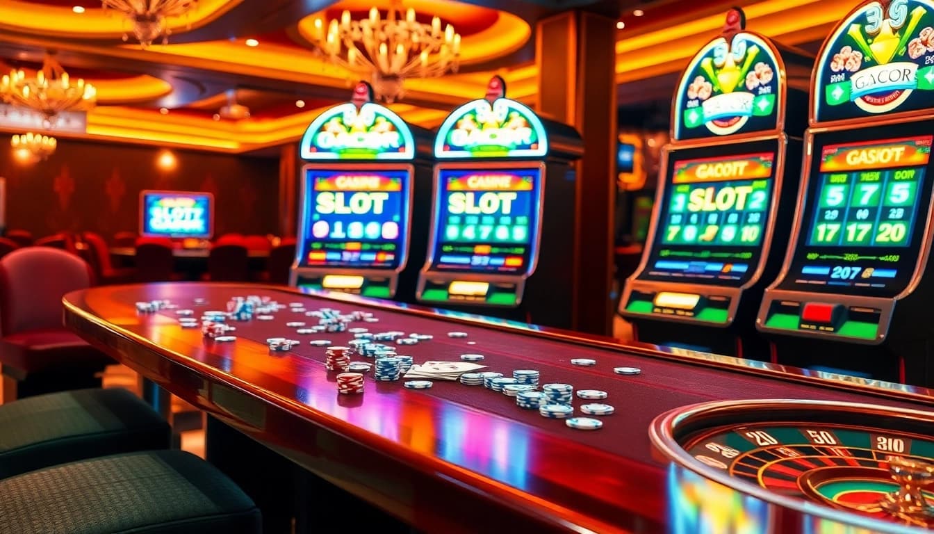 Experience the excitement of slot gacor at a luxurious casino, showcasing vibrant slot machines and inviting gaming tables.