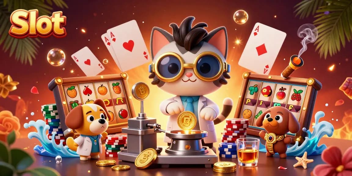 Spin slots and win with engaging 3D illustration of a mad scientist cat and dog in a casino setting.