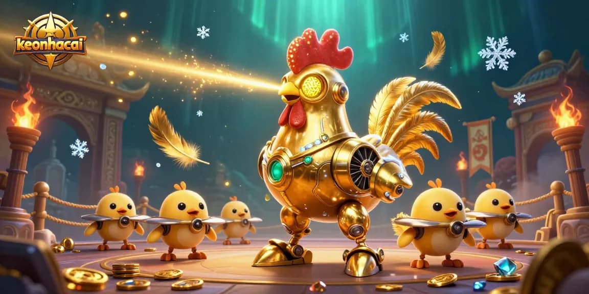 Experience keonhacai in a vibrant 3D scene with golden rooster robot and heroic chick drones.