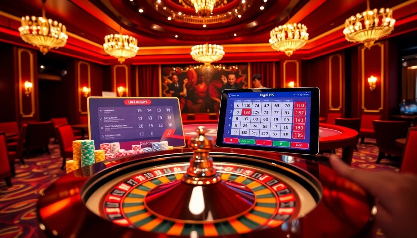 Exciting Togel HK live draw scene with poker chips, a roulette wheel, and online interfaces.
