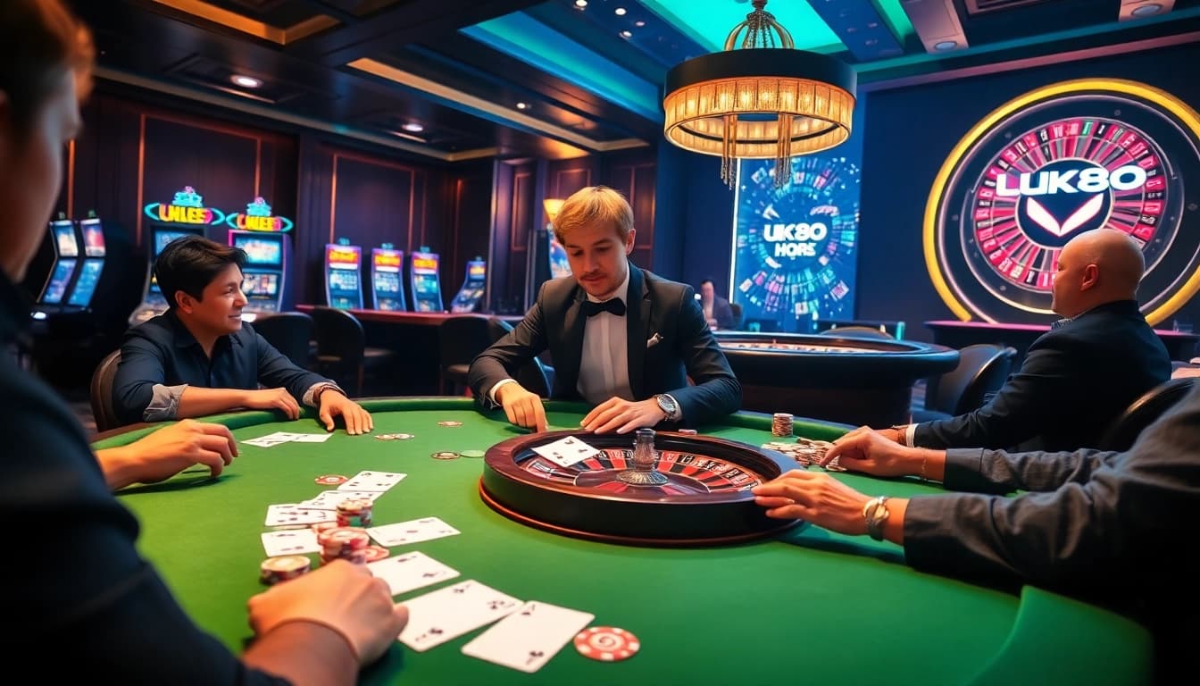 Engaged players in a high-stakes poker game at UK88 casino with vibrant tables and luxurious decor.