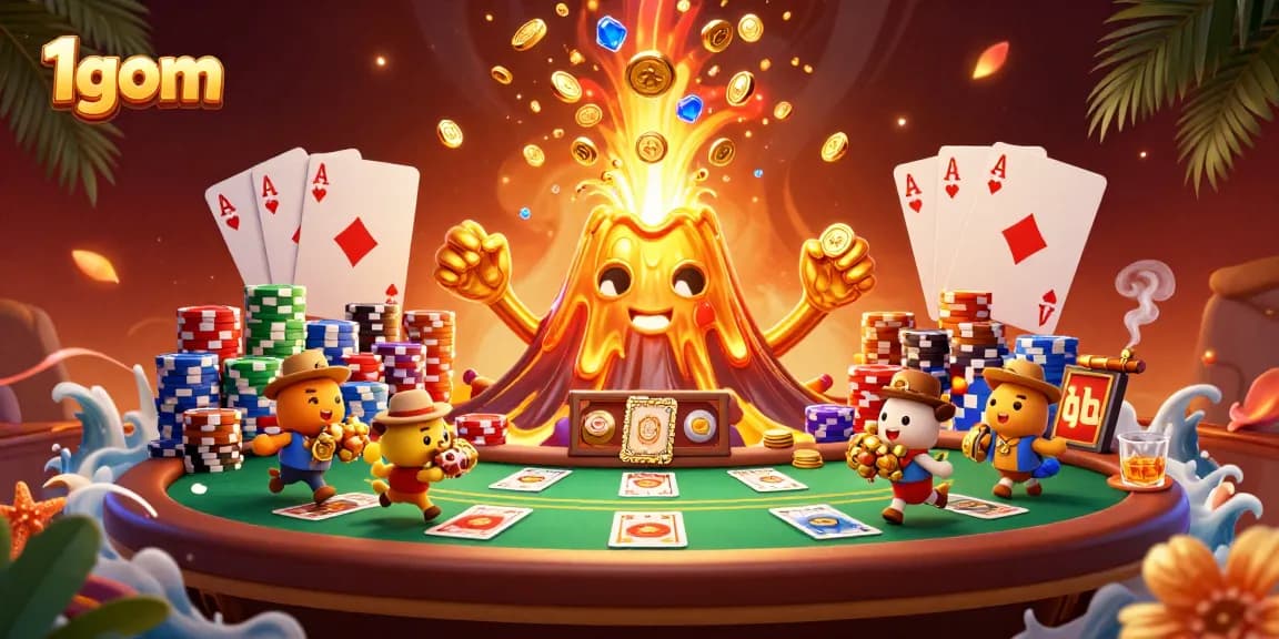 Engage with 1gom's thrilling casino adventure featuring a golden volcano and vibrant game elements.