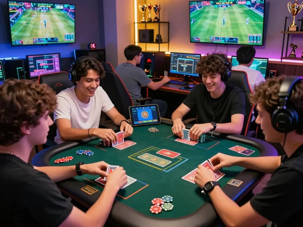 Exciting kuwin gaming scene with friends enjoying card games and sports betting at night.