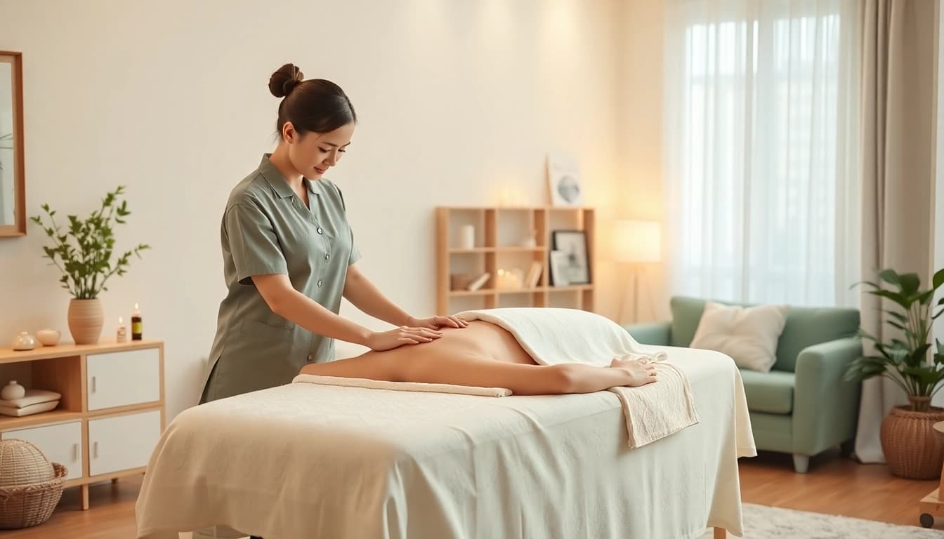 Relaxing 평택출장마사지 session with a professional therapist in a serene home setting.