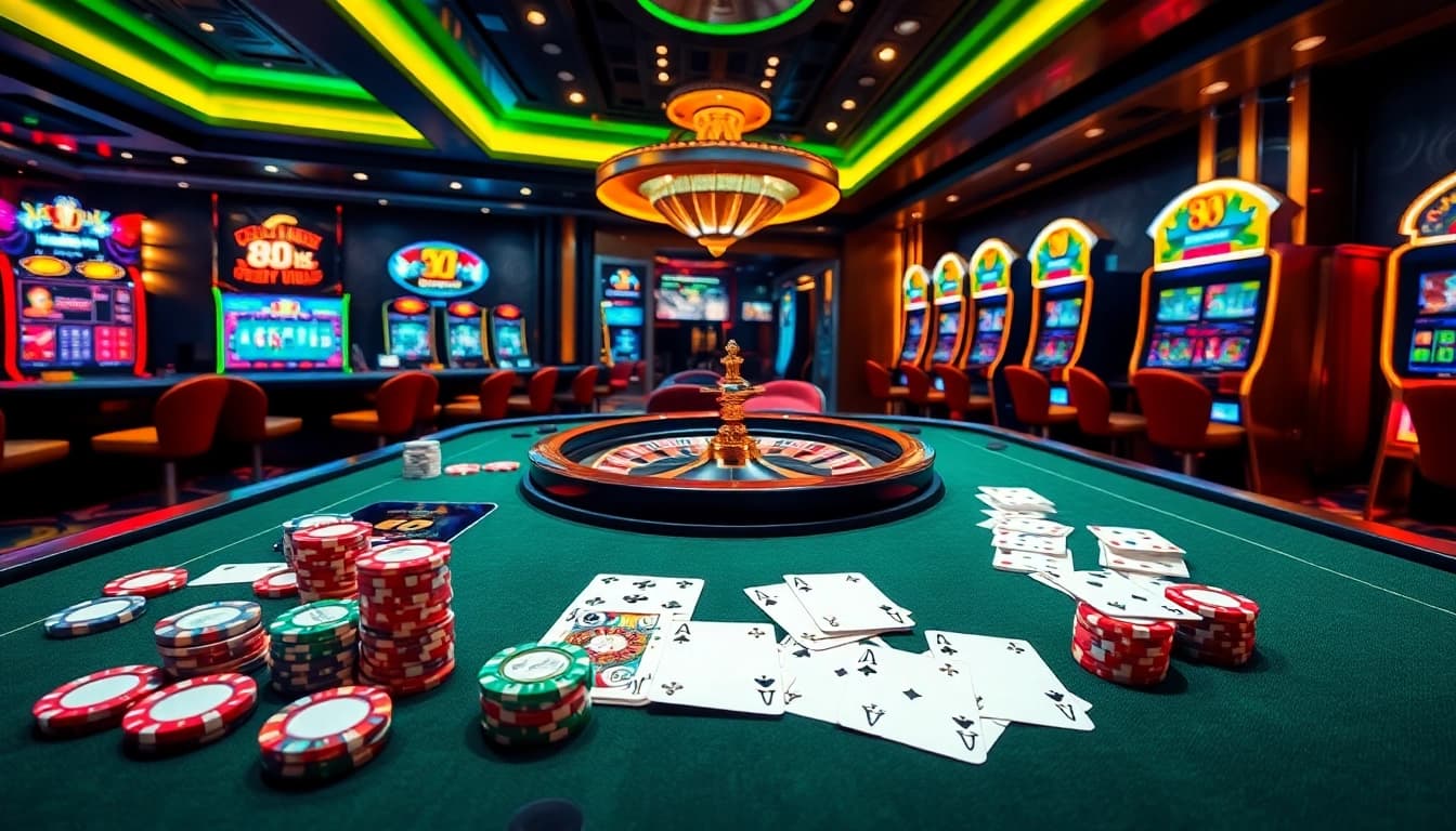 Experience the thrill of betting at 88xx with a luxurious casino scene showcasing tables, cards, and chips.