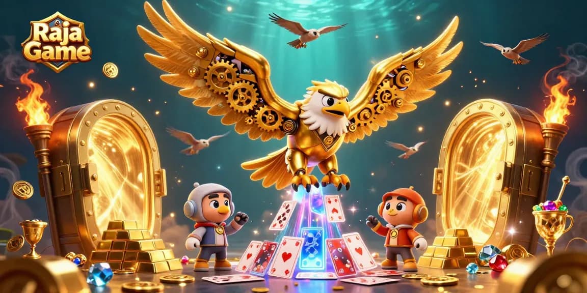 Experience the excitement of Raja Game with a cybernetic eagle soaring through a cascade of playing cards.