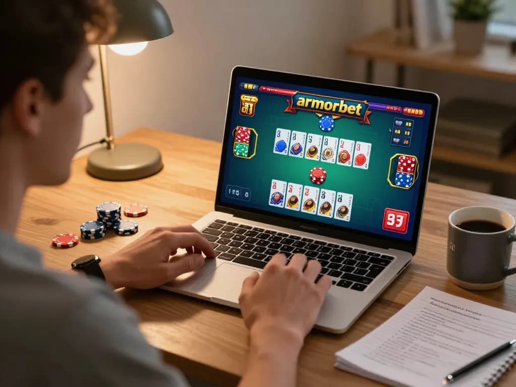 Pemain menikmati permainan armorbet di laptop, menunjukkan strategi dan kegembiraan dalam suasana rumah yang nyaman.