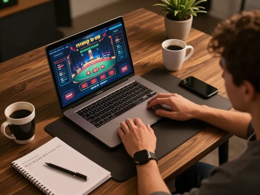 Nk88 player strategizing with online casino game interface on modern laptop in cozy setup