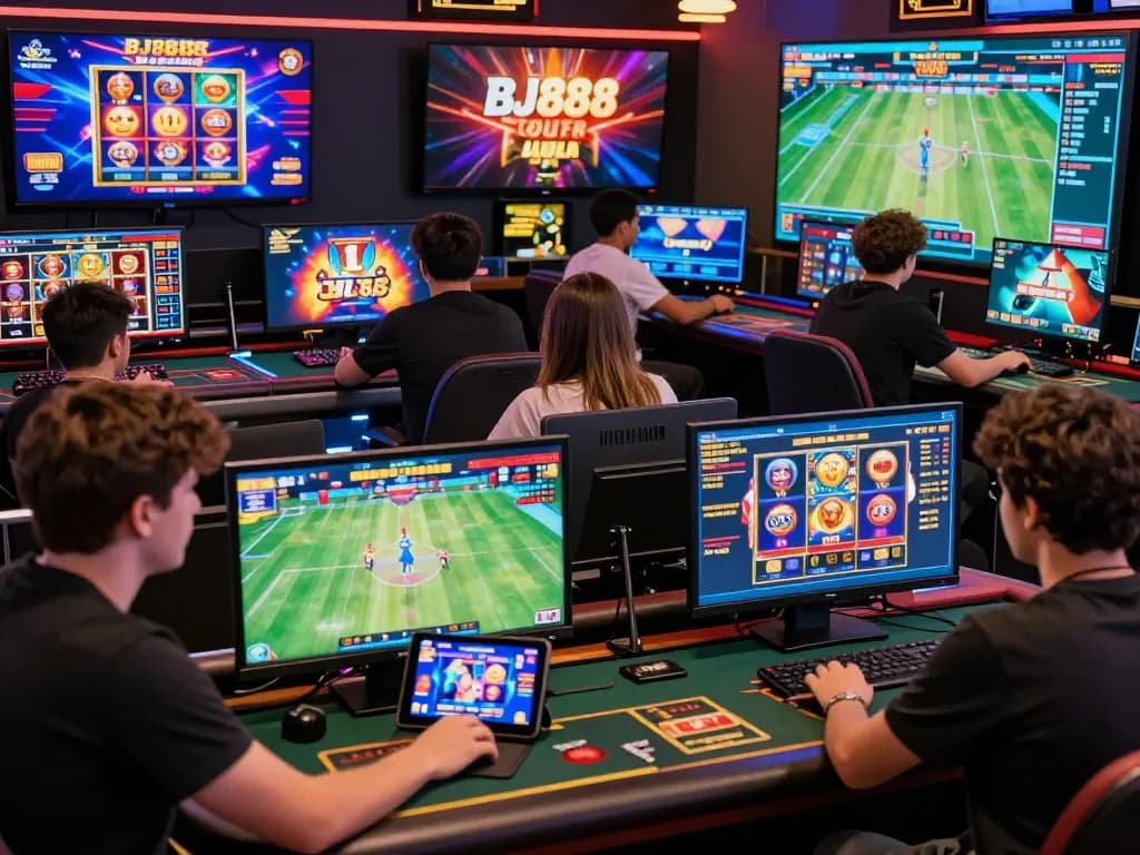 Diverse players engaging with BJ888's vibrant online gaming ecosystem, showcasing casino games and sports betting.
