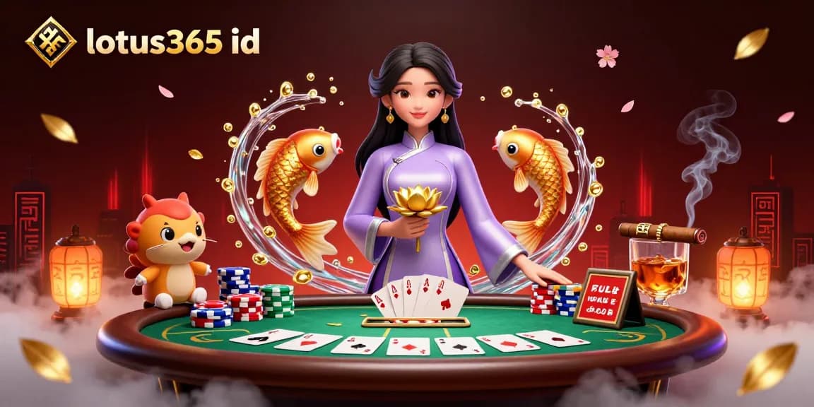 Bet on exciting poker games with lotus365 id, featuring a vibrant Asian woman, golden koi fish, and game elements.