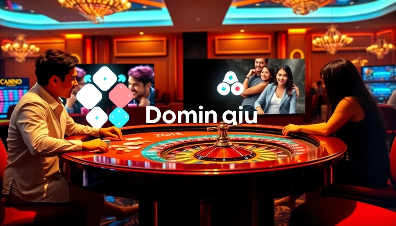 Excited players at a Dominoqiu poker table, enjoying high-stakes gaming in a vibrant casino.