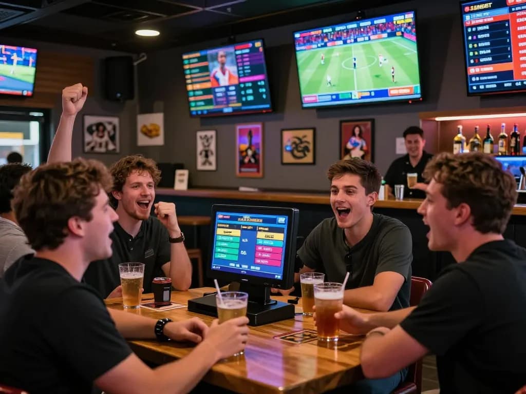Live sports betting excitement at a bar with SBOBET odds displayed on screens, vibrant atmosphere.