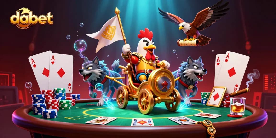 Dabet engages players with thrilling poker action, showcasing a rooster warlord amidst vibrant casino elements.