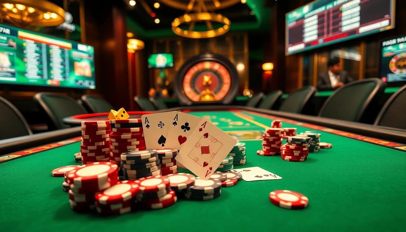 A dynamic poker scene featuring vibrant chips and winning cards at a table, representing pokergacor excitement.