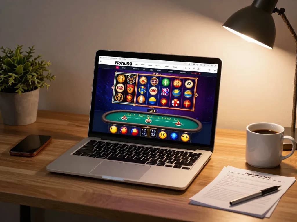 Nohu90 online gaming setup showcasing vibrant slot games on a laptop with betting notes nearby.