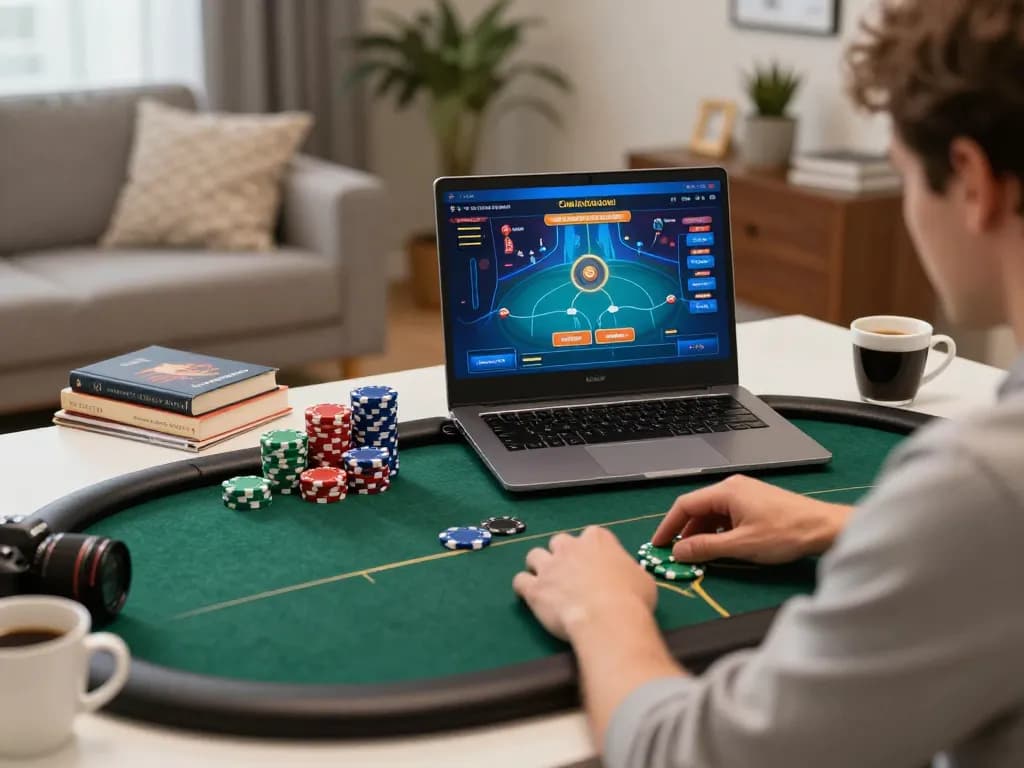Engaging in online poker gameplay at home, showcasing rr88 strategy elements in a cozy environment.