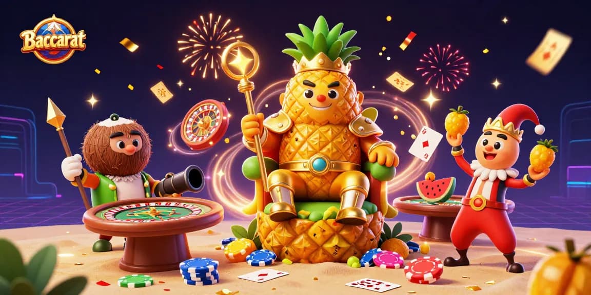 Baccarat game scene with a vibrant cartoon pineapple king and casino elements in action.
