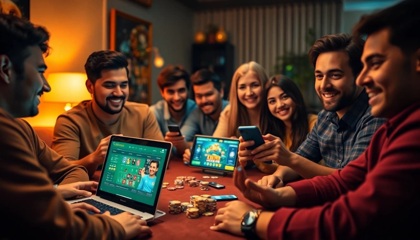 Engaging scene of diverse players enjoying online gambling with nhacaiuytin elements in a cozy atmosphere.