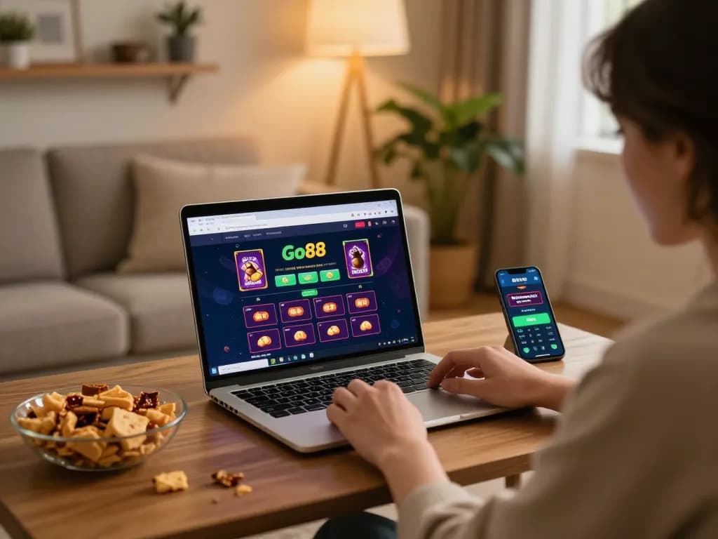 A player engaging with Go88 online casino features while enjoying a cozy home environment