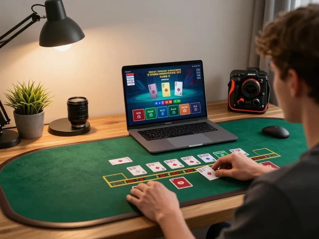 Player engaging in an exciting online blackjack game at mb66, showcasing strategic gameplay and a vibrant home setup
