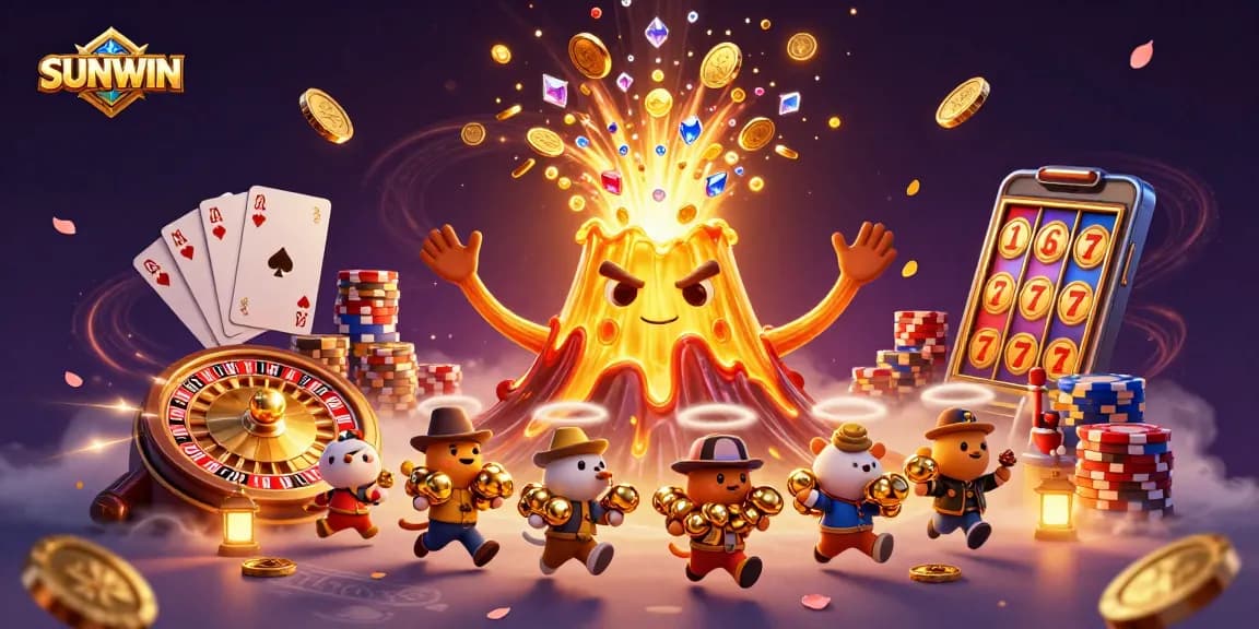 SUNWIN offers vibrant gaming excitement with a golden volcano erupting coins, enticing explorers, and thrilling casino elements.