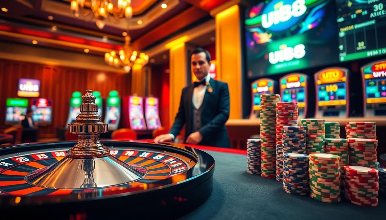 Experience the excitement of uu88 with vibrant casino tables and modern gambling technology in a luxurious setting.