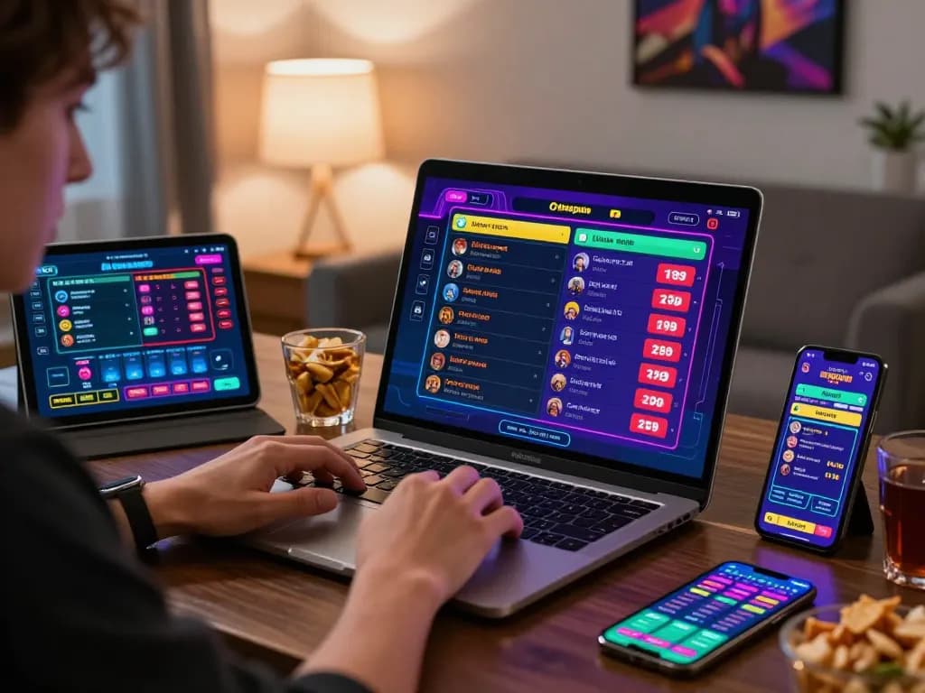 Engaged player exploring bl555 online betting platform on multiple devices in a vibrant gambling atmosphere.